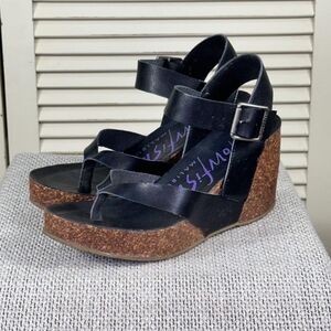 Blowfish Malibu Hapuku Black Strappy Vegan Leather Ankle Cork Wedge Sandals Sz 7